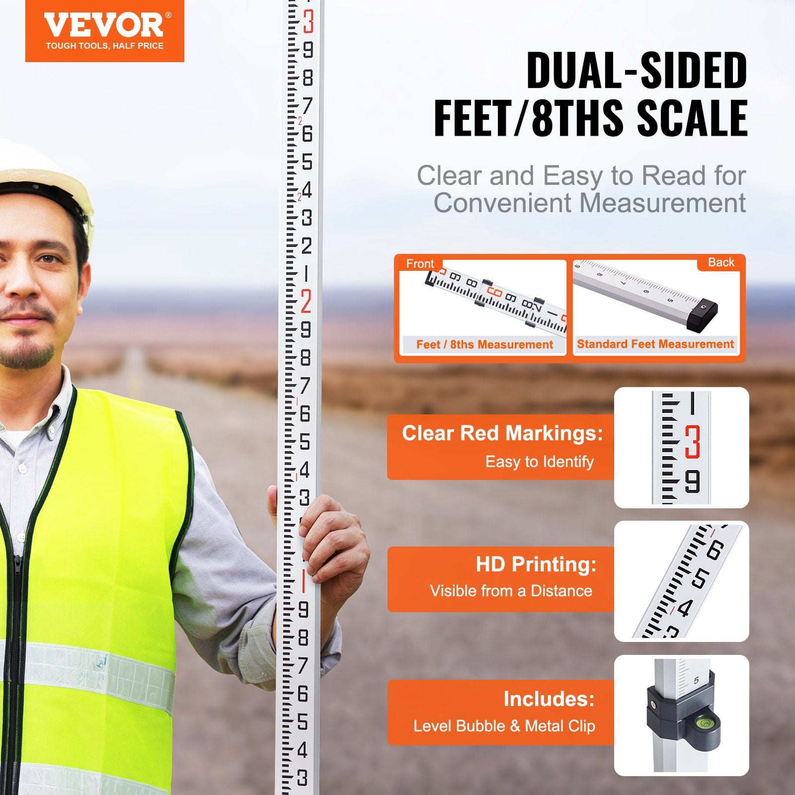 Aluminum Alloy Telescopic Survey Rod 9 Feet 10ths 3 Sections Double Sided Scale 1 10ft Leveling Rod with Bubble Level Carrying Bag for House Wall Floor Measurement