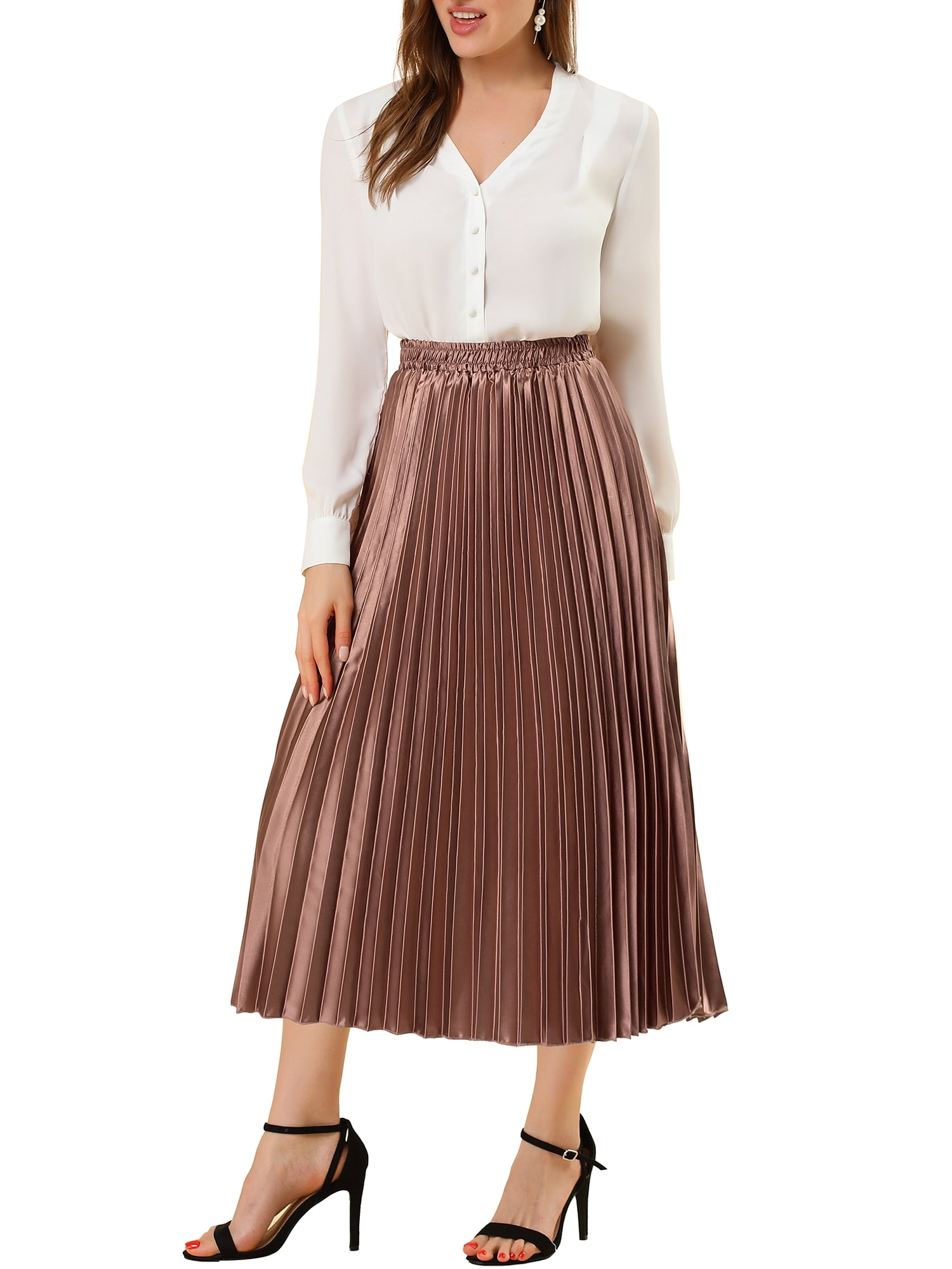 DARING DIVA Women's A-line High Waist Pleated Midi Skirt L Copper