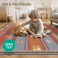 thumbnail image 4 of ODIKA 9'x12' Washable Area Rug Low Pile, Flatwoven, Boho Vintage Farmhouse Stripe Faded Border Kilim Navy Distressed Playful for Great Room, Indoor Concept, Large Living, 4 of 7