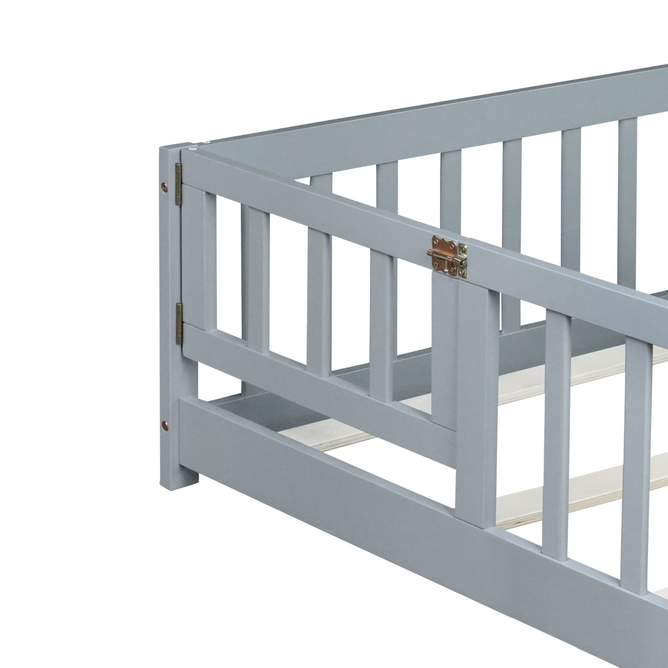 Noble House Queen Size Floor Bed, Solid Rubber Wood Frame with Fence, Door, Guardrails & Slat Support, Grey