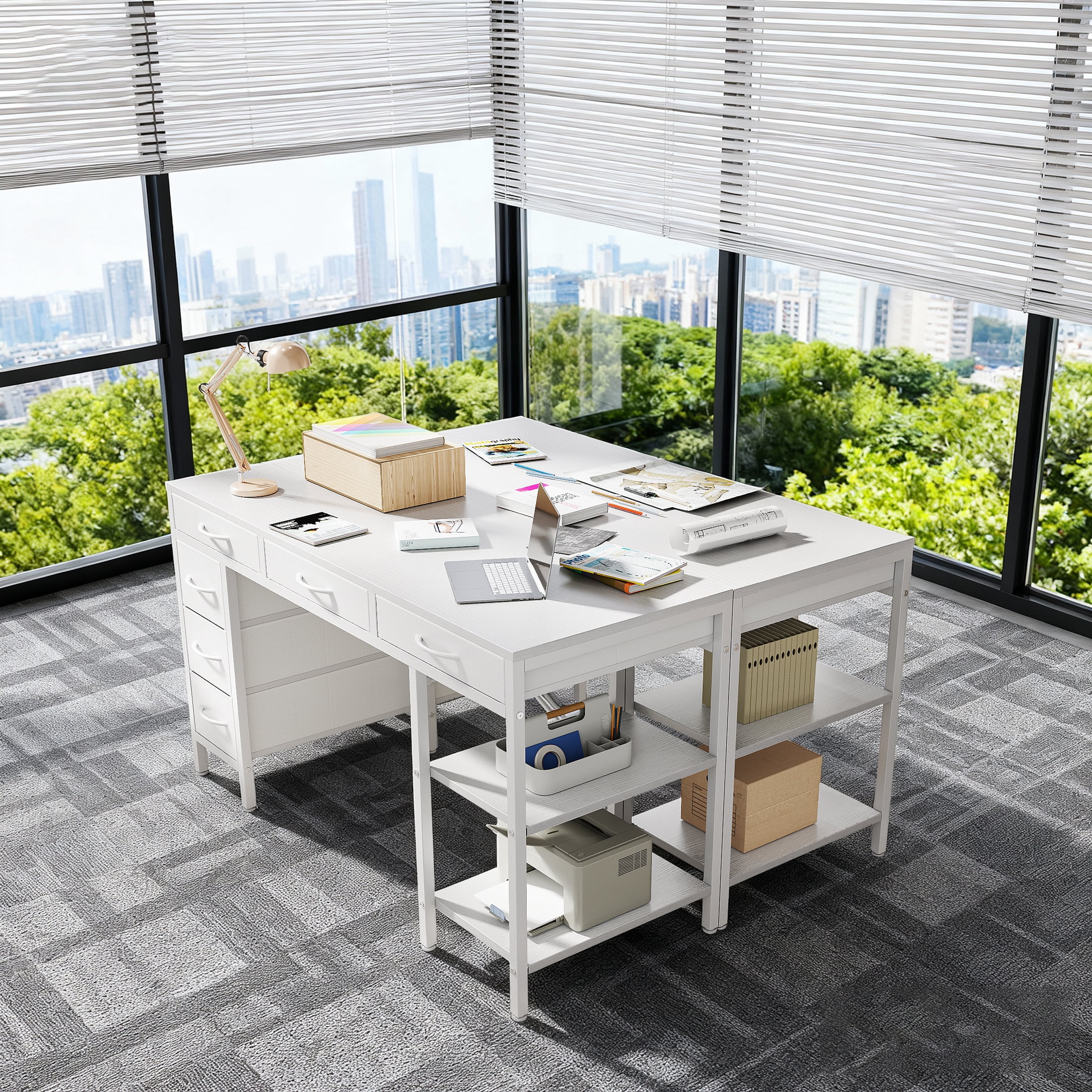 EDX 55 Inch Computer Desk with Fabric Drawers & Storage Shelves,Small Home Office Desk Study Table for Home office Bedroom,White