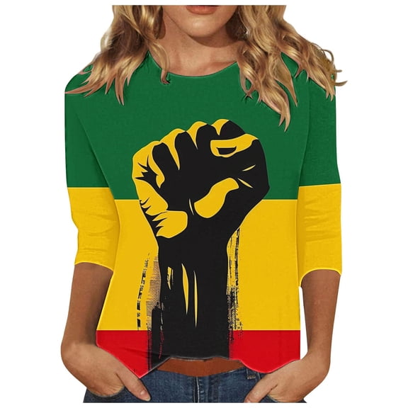 Penkiiy Black History Month Shirts for Women African American Pride Celebration Blouse T-shirt 3/4 Sleeve Crewneck Tops S Multicolor