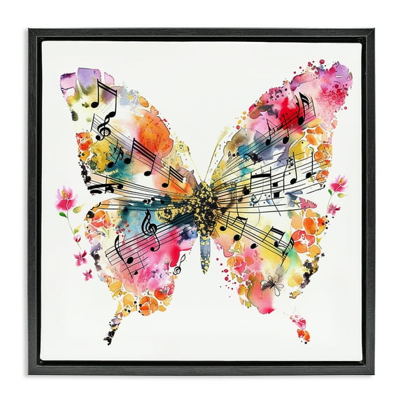 Stupell Industries Butterfly & Music Notes Insects Painting Black Floater Framed Canvas Art Print Wall Art, 18 x 18