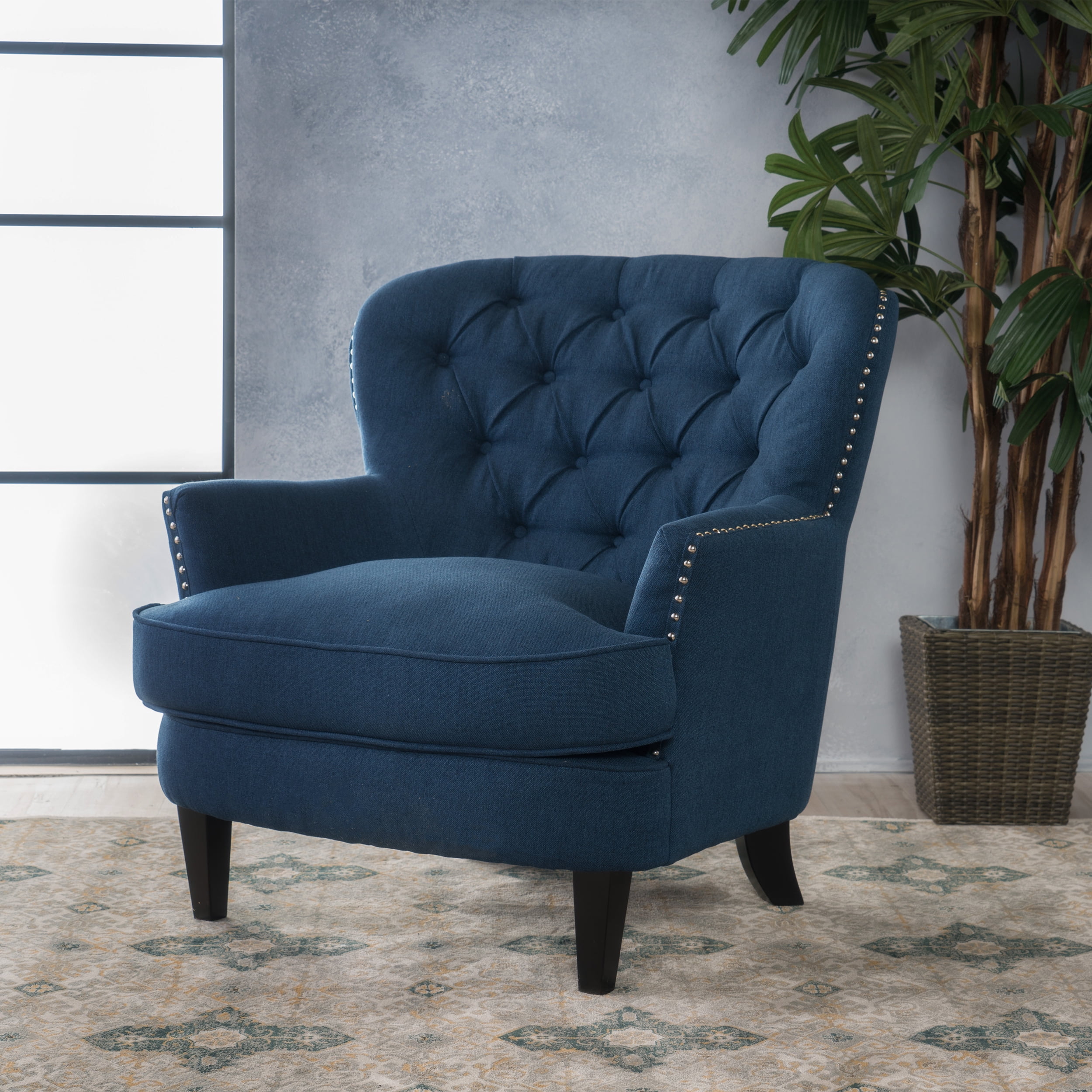 Noble House Tanner Tufted Fabric Club Accent Chair, Dark Blue - Walmart