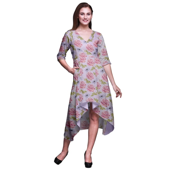 Bimba Cotton Purple Carnation & Daisy Floral rinted Women’s Asymmetrical Shift Dress With Pockets Casual Midi Dress-Large