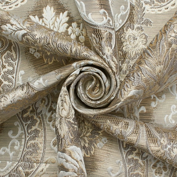 Floral Bouquet Damask Extra Wide Metallic 110" Heavyweight Upholstery Jacquard Polyester Fabric By The Yard (Tan, 5 Yards)
