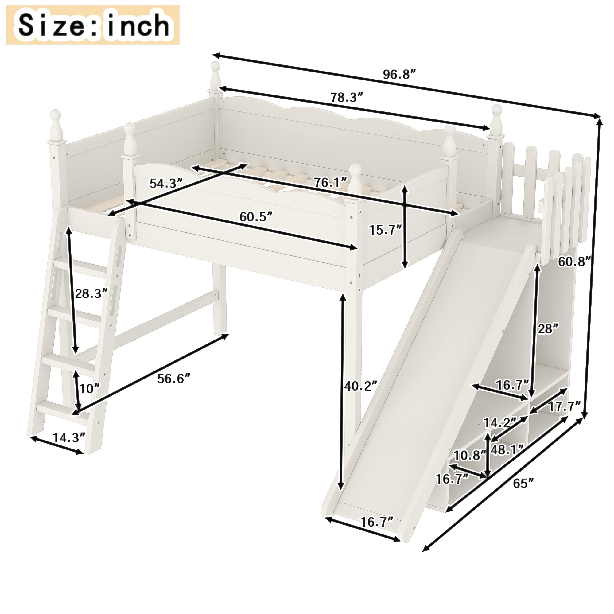 Leumius Full Loft Bed Frame with Storage Shelves and Wardrobe, Solid Wood Loft Bed with Detachable Slide and Ladders for Kids Teens Adults Beige