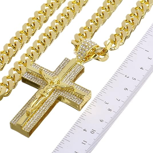 NEW Men's 14K Gold & Silver Plated Iced Cross Jesus Pendant 30" Heavy Cuban Chain Necklace HC 6010 (Gold)