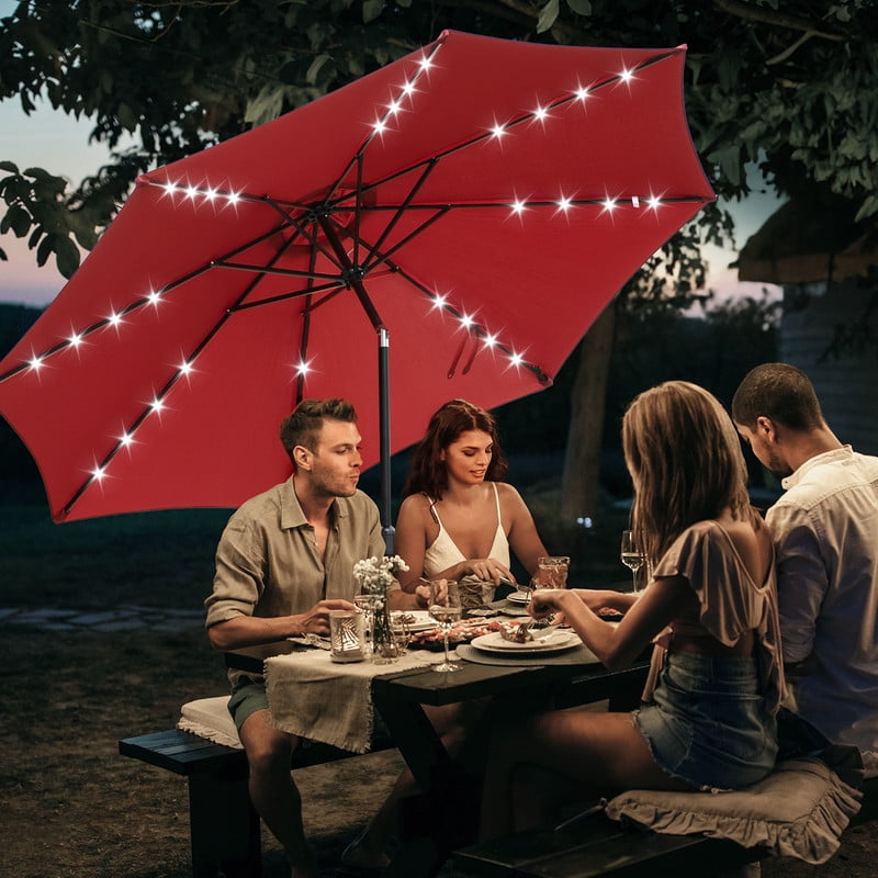 Gianna 10ft Solar Polyester 32 LED Lighted Patio Umbrella with Tilt Adjustment and UV-Resistant Fabric,Red