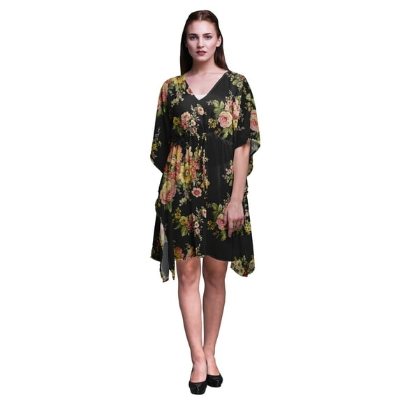 Bimba Black4 Floral Rose Beach Kaftan Bikini Cover up Womens Midi Dress Short Caftan-S-L