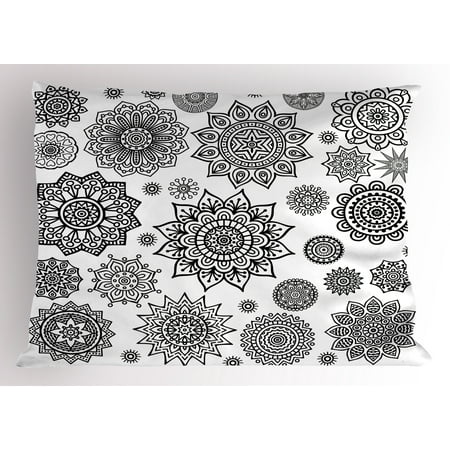 Henna Pillow Sham Islamic and Arabic Patterns Mandala and Round Ornament Designs Eastern Illustrations, Decorative Standard Size Printed Pillowcase, 26 X 20 Inches, Black White, by