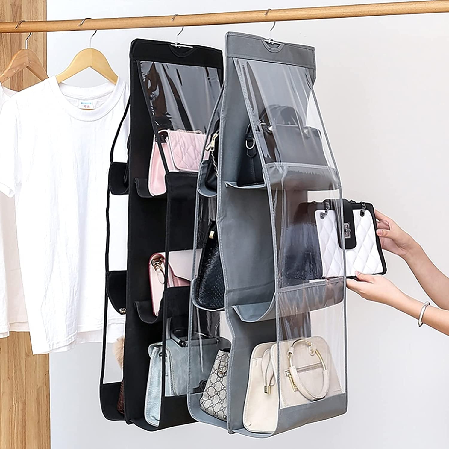 6 Pocket Hanging Handbag Organizer for Wardrobe Closet Transparent Storage  Bag Door Wall Clear Sundry Bag with Hanger Pouch