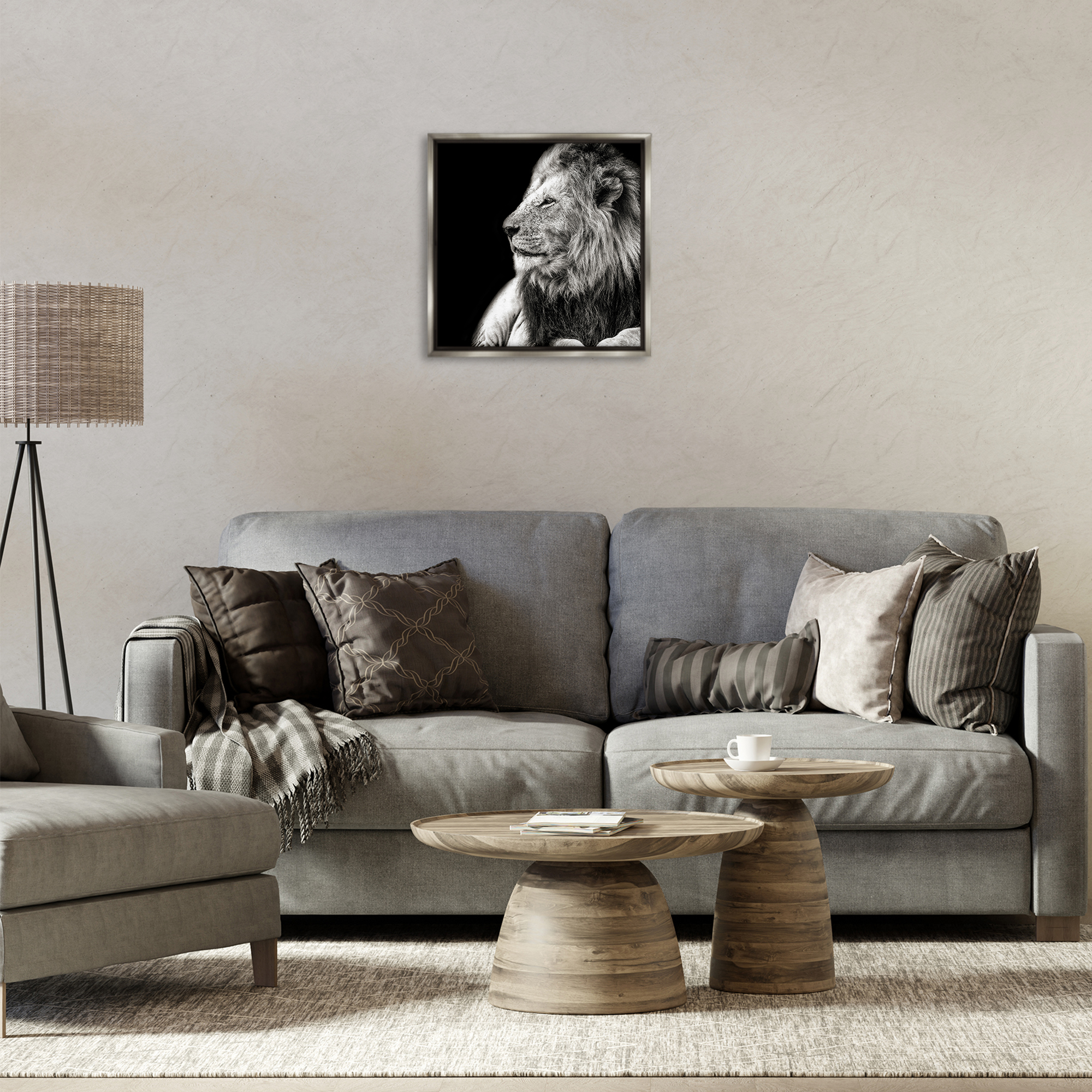 Stupell Industries Lion Portrait on Black Animals Photography Gray Floater Framed Canvas Art Print Wall Art, 18 x 18