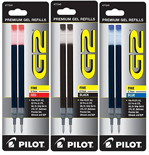 Pilot G2 Gel Ink Refill, 2-Pack for Rolling Ball Pens, Fine, Black, Red, & Blue