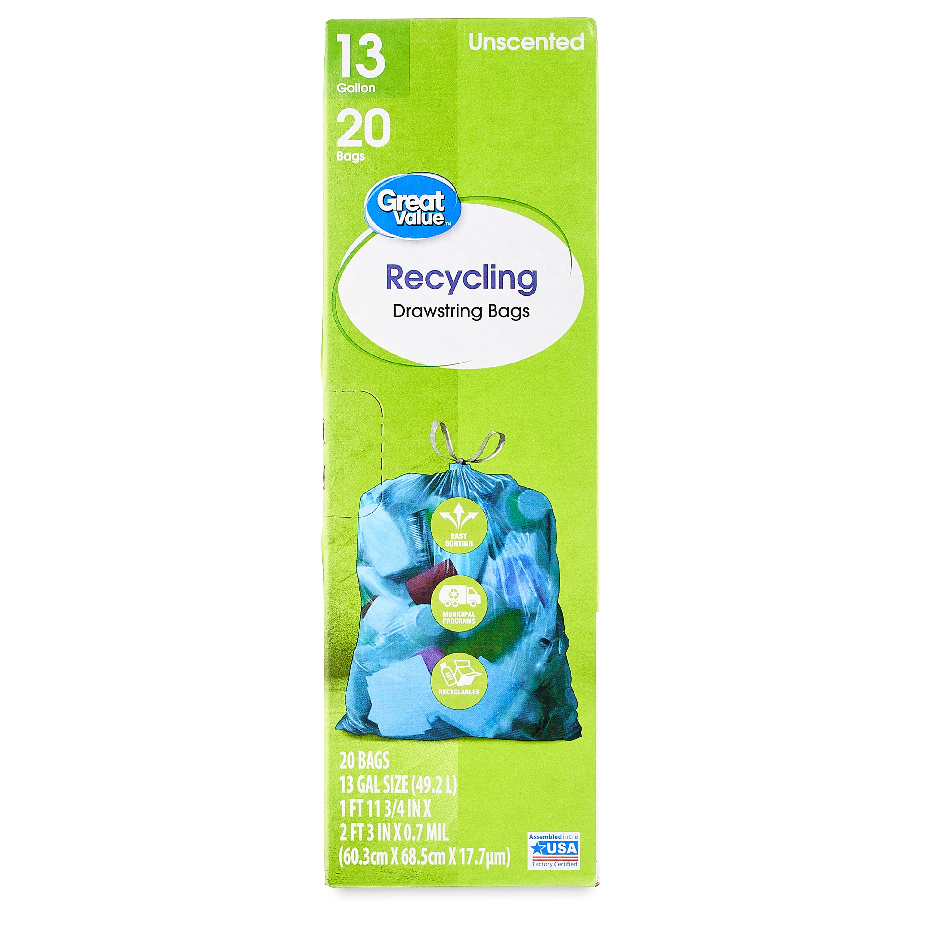 Great Value Blue 13-Gallon Drawstring Tall Kitchen Recycling Bags, Unscented, 20 Count
