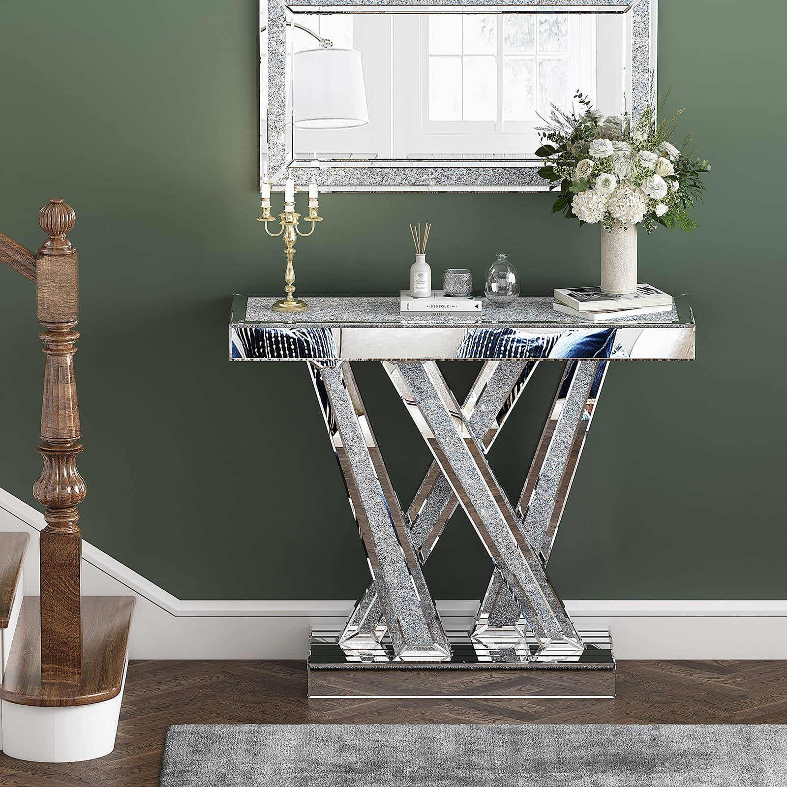 Mirrored Console Table/Desk, Glam Style W-Shape Silver Entryway Table ...