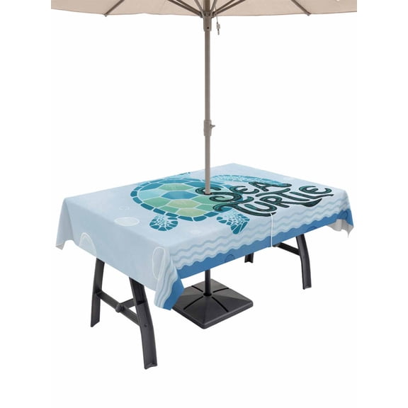 Outdoor Tablecloths with Umbrella Hole & Zipper, Teal Sea Turtle 54x80 Inch Tablecloth Rectangle, Coastal Ocean Summer Ocean Waves Waterproof Table Cloth, Patio/Pool/Picnic Table Covers