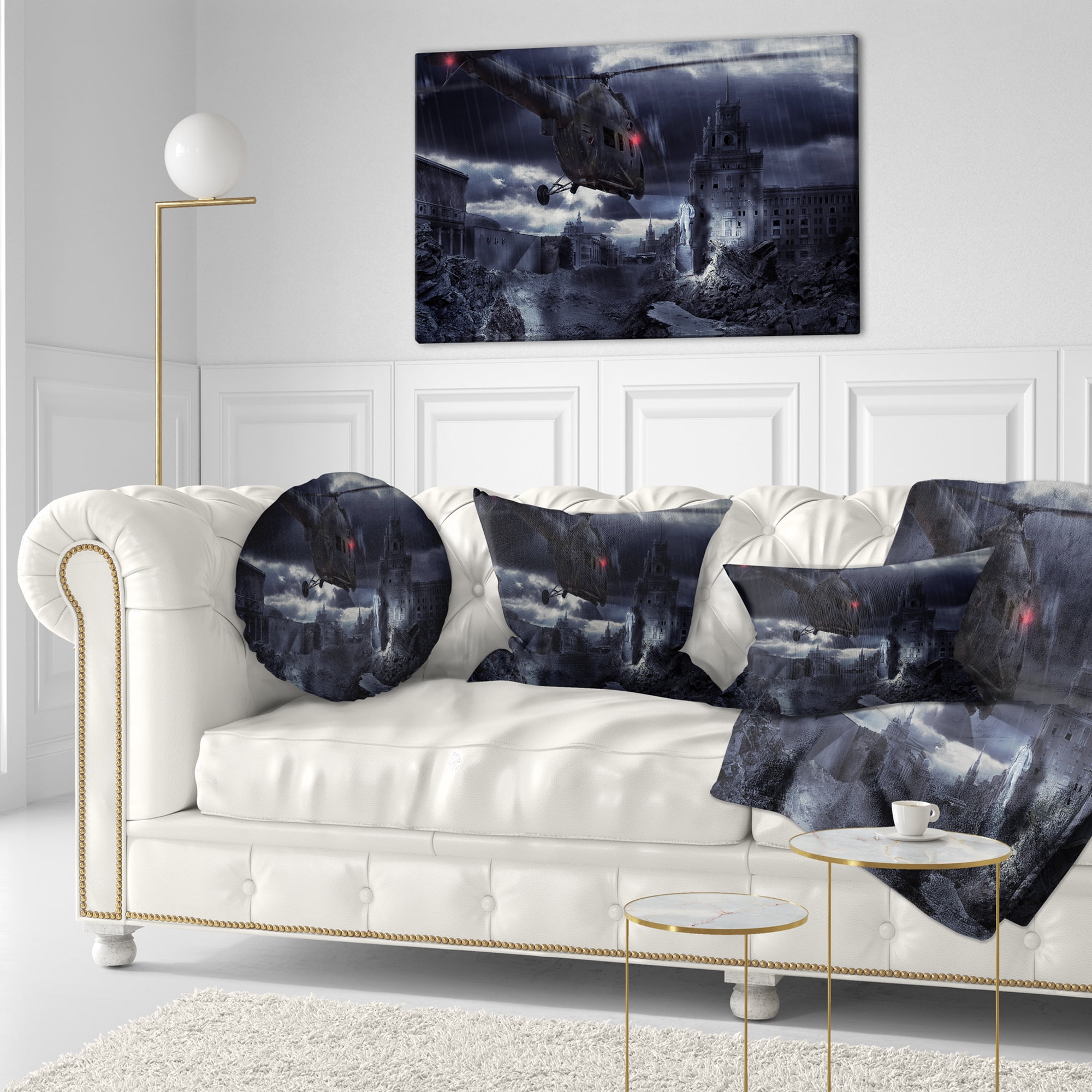 Designart Helicopter over Storm Ruined City - Photography Throw Pillow - 12x20