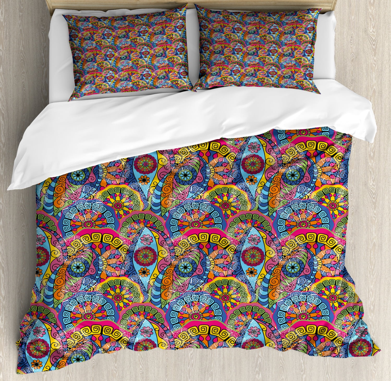 Floral Queen Size Duvet Cover Set, Hippie Style Abstract Blooms with