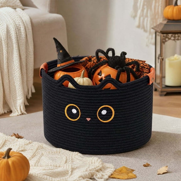 Halloween Cotton Rope Storage Basket Cute Woven Bin Leather Handles, 25cm Cotton Rope Basket with Embroidered Face for Halloween Decor, Spooky Cute Storage Basket for Candy Toys Blankets Entryway