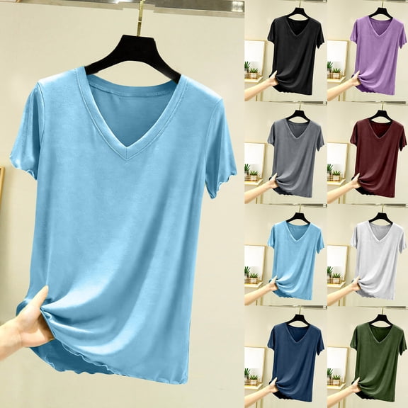 Feancey V Neck Pajama Tops for Women Milk Silk Soft Short Sleeve T-Shirts Comfy Lightweight Summer Tees Relaxed Fit Casual Blouse Navy S