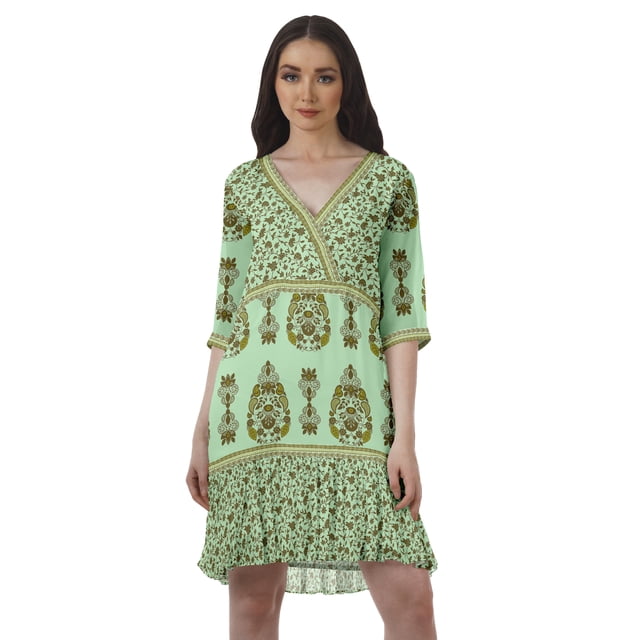 Moomaya Robe en Georgette Imprimée à Manches 3/4, Col en V, Grande Taille, Vêtements pour Femmes