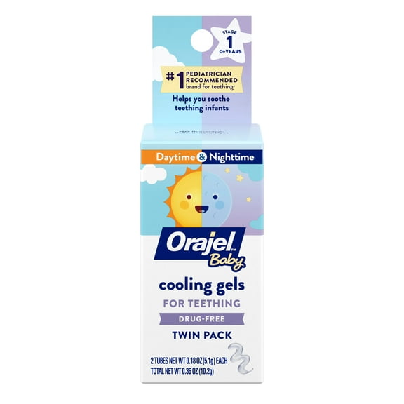 Orajel Baby Daytime & Nighttime Cooling Gels for Teething, Relief of Painful Gums, Drug-Free, Two 0.18oz Tubes