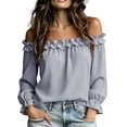 thumbnail image 2 of ClodeEU Women's Off Shoulder Long Sleeve Blouse, Casual Solid Color Top with Ruffled Trim Gray,Women's Plus L, 2 of 8