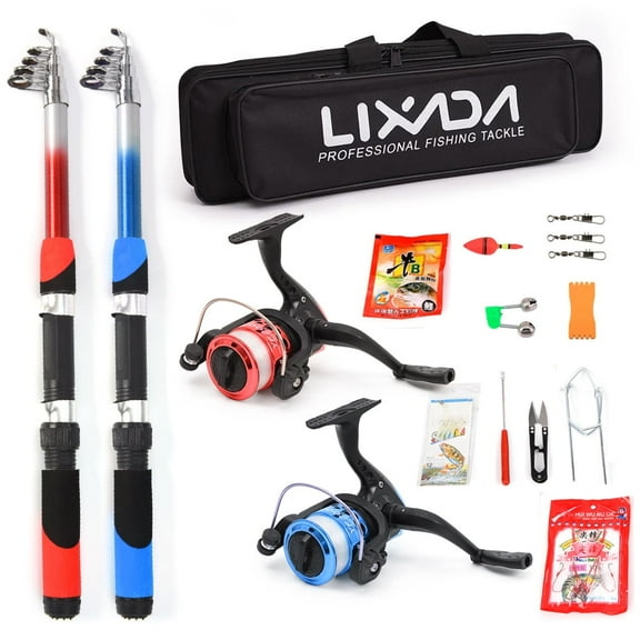 Lixada Fishing Rod Reel Combo Full Kit with 2PCS 2.1m Telescopic Fishing Rods 2PCS Spinning Reels Fishing Lures Hooks Accessories Fishing Bag