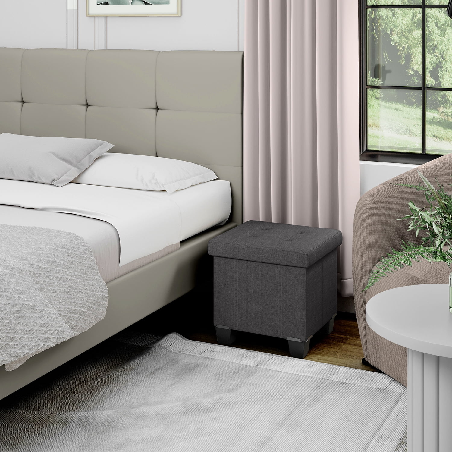StorageBud Ottoman with Storage Bench, 15-inch Foot Stool Storage Ottoman, Linen, Gray