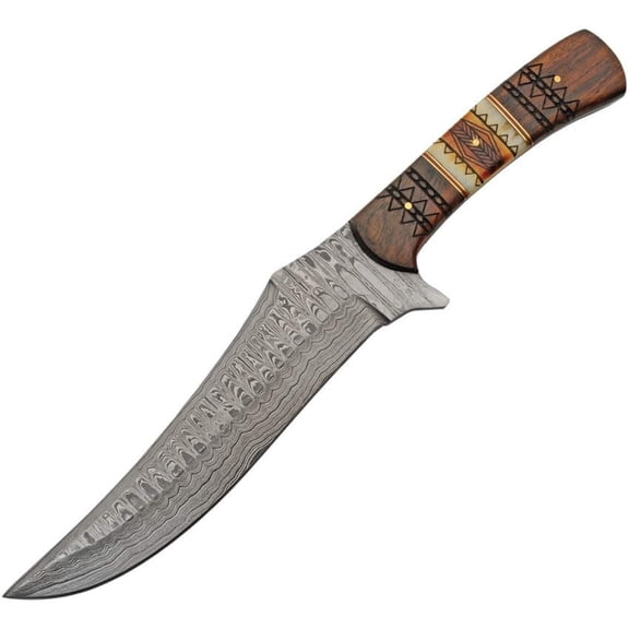 SANZ 13” Mojave Hunting Knife Damascus Steel Blade Arved Wood Bone Handle with Leather Shetah