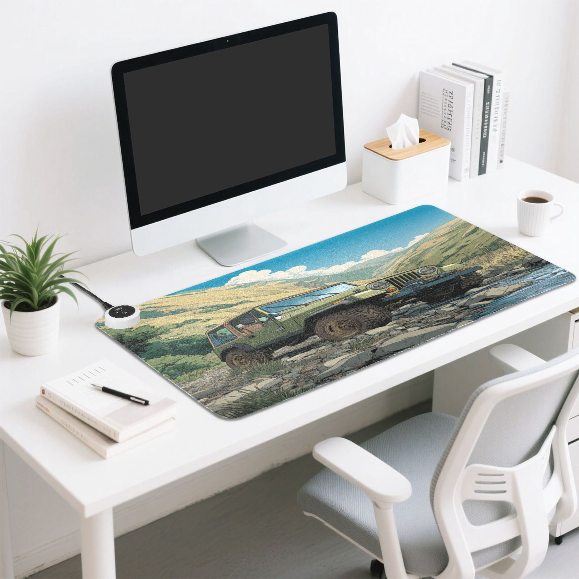 Large Heated Desk Mat Mouse Pad 31.5"x13"PU Leather Graphene Heating Desk Warmer with 3 Temperature Settings 110V US Plug Non-Slip Warm Pad for Home, Office, and Gaming Mountain Stream Jeep Adventure