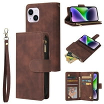 Dteck for iPhone 15 Wallet Case,Soft Leather Zipper Wallet Case Magnetic Buckle Flip Cover with 5 Card Slots/Photo Pocks/Lanyard Strap for Apple iPhone 15 6.1 inch 2023, Coffee
