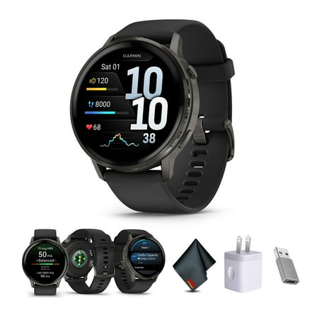 Garmin Venu 4, 45mm, Advanced Fitness Tracker GPS Smartwatch,  1.4" AMOLED Display, Built-in Flashlight, 12 Days of Battery Life, Slate with Black Silicone Band (Watch Bundle)