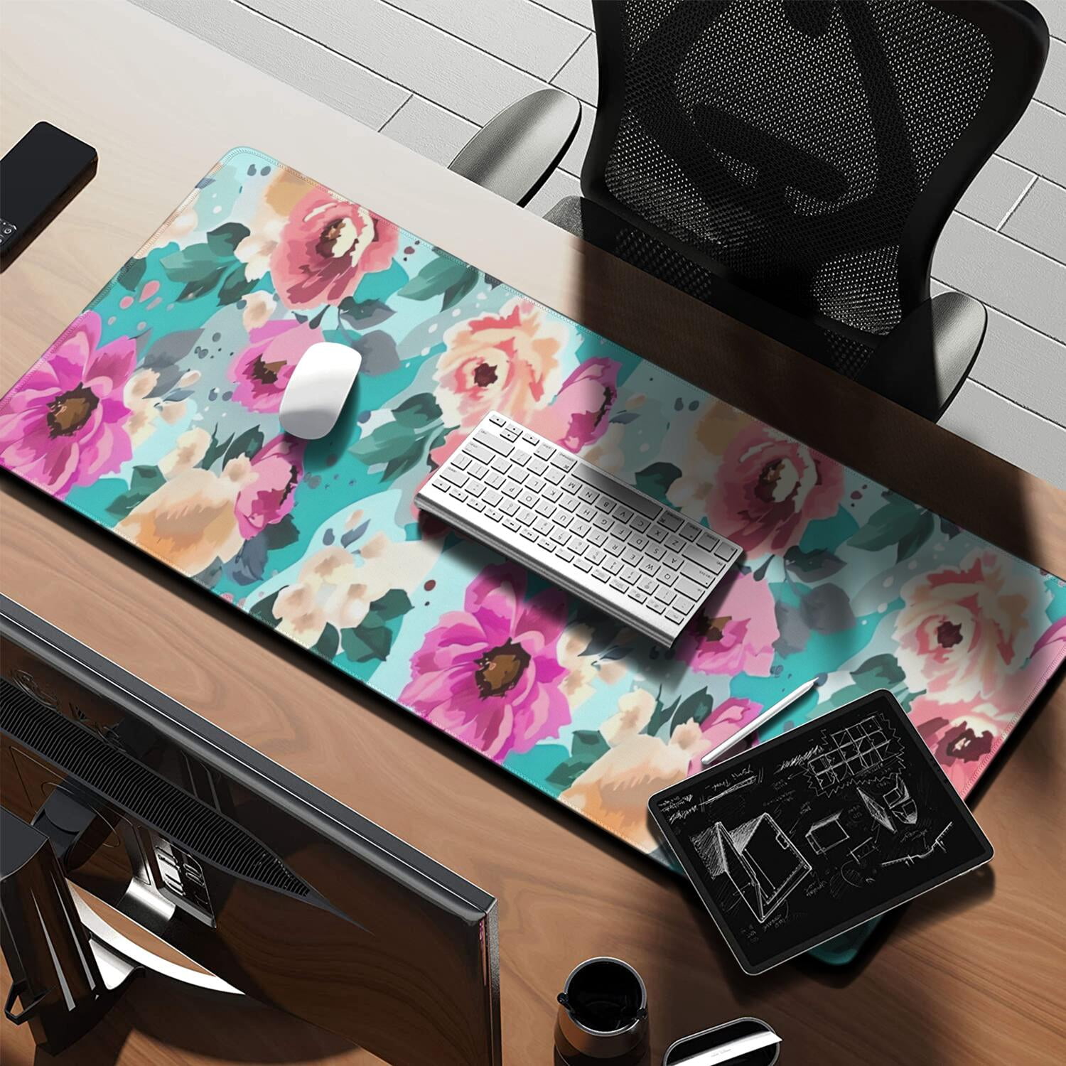 Long Mouse Pads for Desk,Pioneer Flower Floral Print Pattern Desk Mats on Top Of Desks, Desk Mouse Pad Extra Large with 3mm Non-Slip Base and Stitched Edge for Gaming,Office,Work,Home 35.4"x15.7"