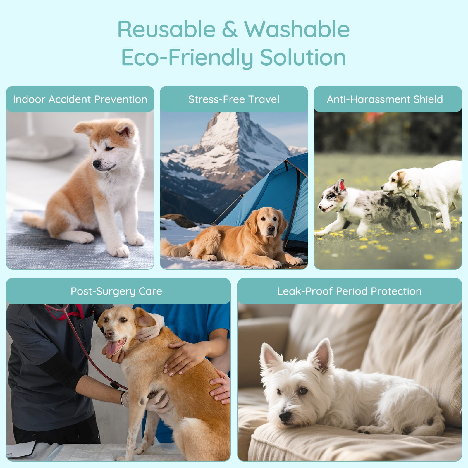 BELLA & PAL Blue Green Floral Female Dog Diapers, 3-Pack, Highly Absorbent Washable Diapers for Small Dogs, Leak-Proof Puppy Diapers, L