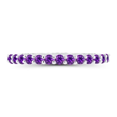 Decadence Solid 14K White Gold 2mm Round Micropave Natural Purple Amethyst February Birthstone Stackable Eternity Band Ring For Women, Size 7