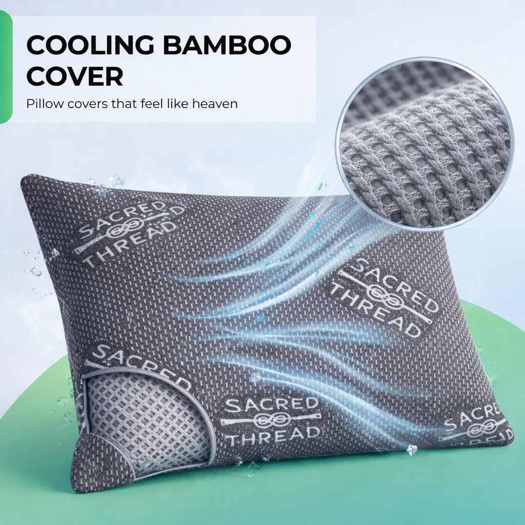 Sacred Thread Rayon Derived from Bamboo Cooling Pillow Filled with 100% Shredded Memory Foam. Adjustable Firmness. Rayon Derived from Bamboo Pillow (Grey) (2 Pack) (Queen)