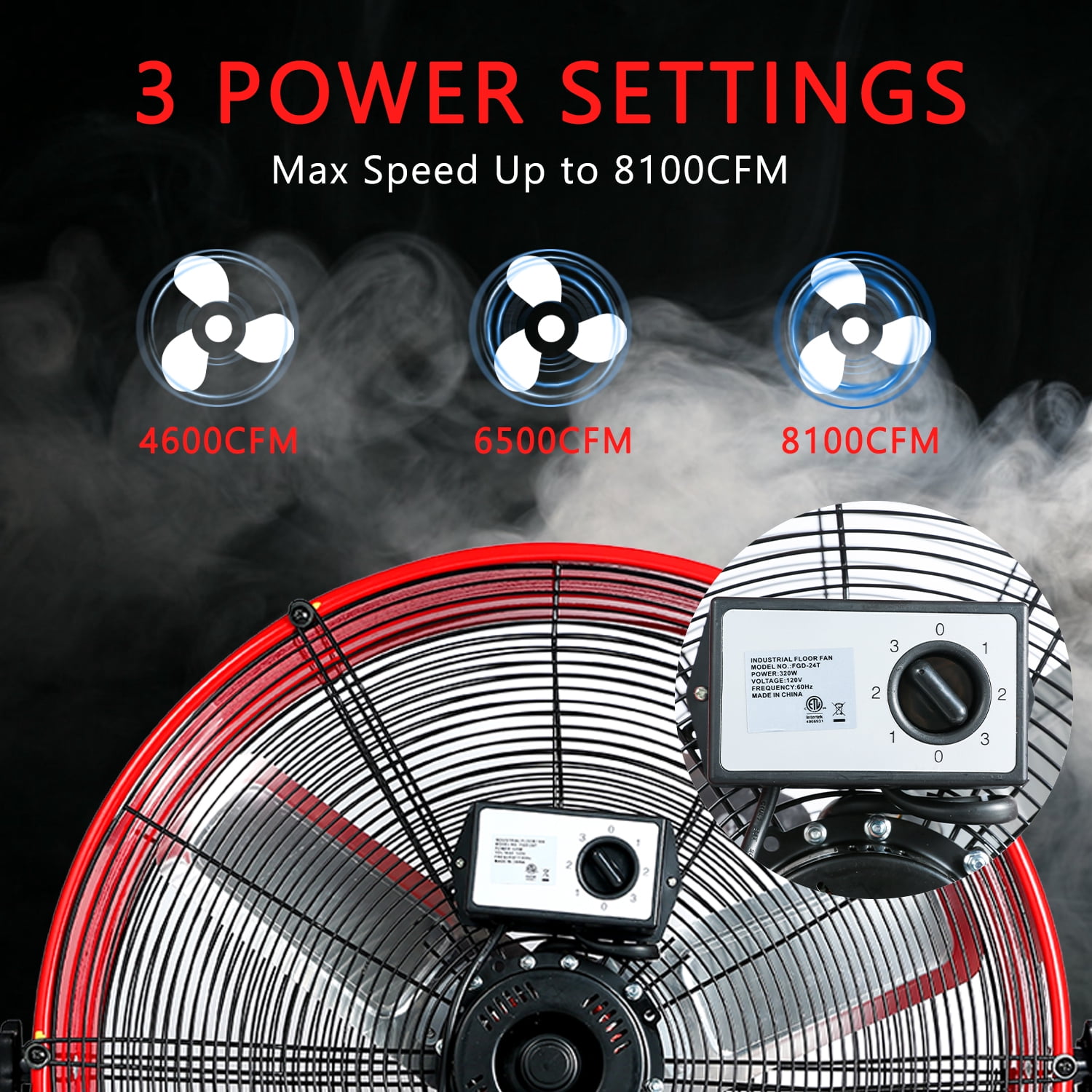24"Industrial Fan High Velocity,Heavy Duty Drum Fan up to 8100CFM,3-Speed & 360°Adjustable,Ideal for Home, Garage, Indoor/Outdoor Use, Red