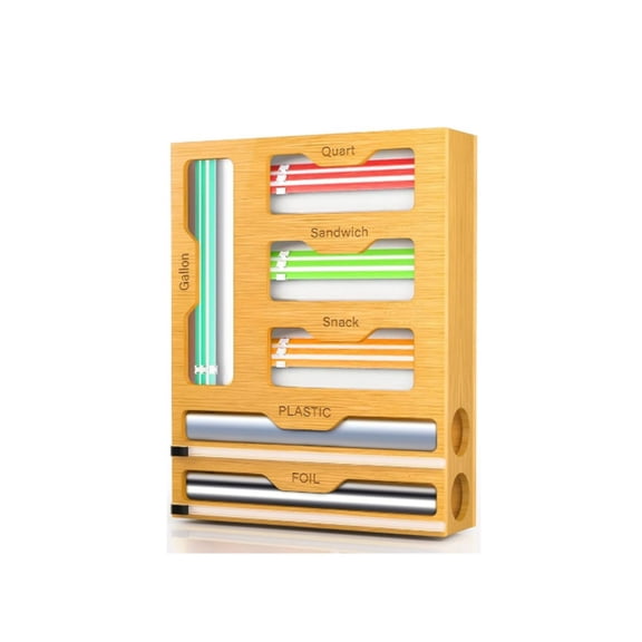 6-in-1 Bamboo Food Storage Bag Organizer with Cutter for Kitchen Drawer Cabinet Countertop