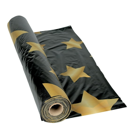 Black W/Gold Star Tablecloth Roll - Party Supplies - 1 Piece