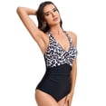 thumbnail image 2 of Defitshape Women's Sexy One Piece Swimsuit Beach Padded Swimming Ruched Summer Halter Criss Cross V Neck Tummy Control One Piece Bathing Suit Leopard XX-Large, 2 of 4