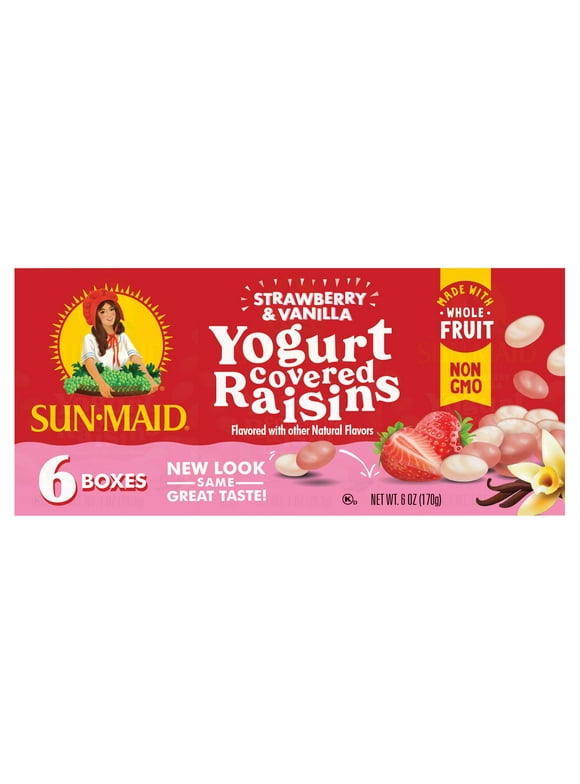 Sun-Maid Strawberry and Vanilla Yogurt Covered Raisins, Dried Whole Fruit, 6 oz, 6 Ct