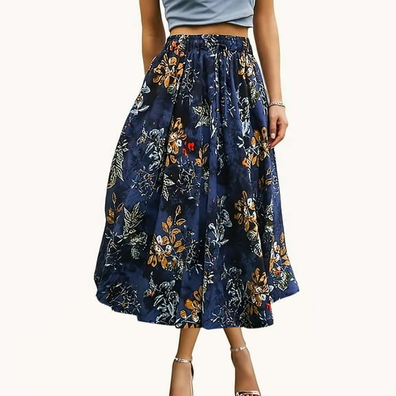 Taylonsss Clearance Women Large Skirt With Elastic Waistband And Printed Double Pocket Skirt