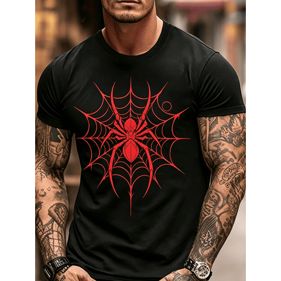 Red Spider Web Graphic Crew Neck T-Shirt, Gothic Arachnid Print Short Sleeve Casual Tee for Men Streetwear Top