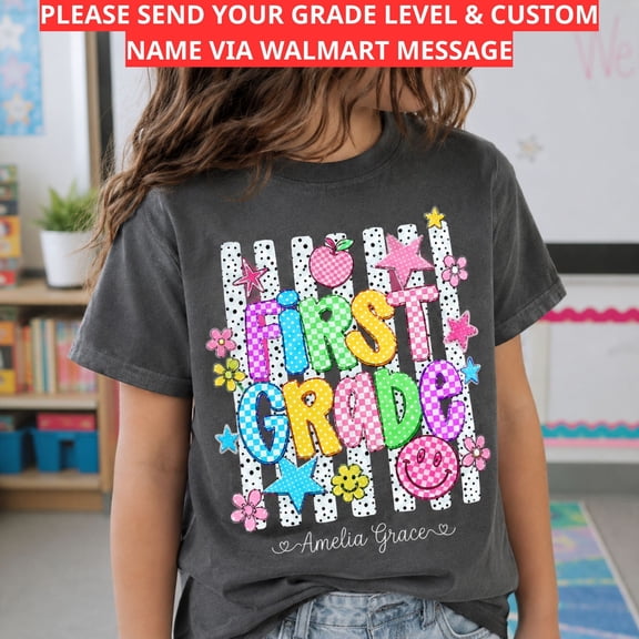 Back To School Shirt, Custom Grade Name Tee, First Grade Smiley Graphic, Cute First Day Of School Outfit, Classroom Gift