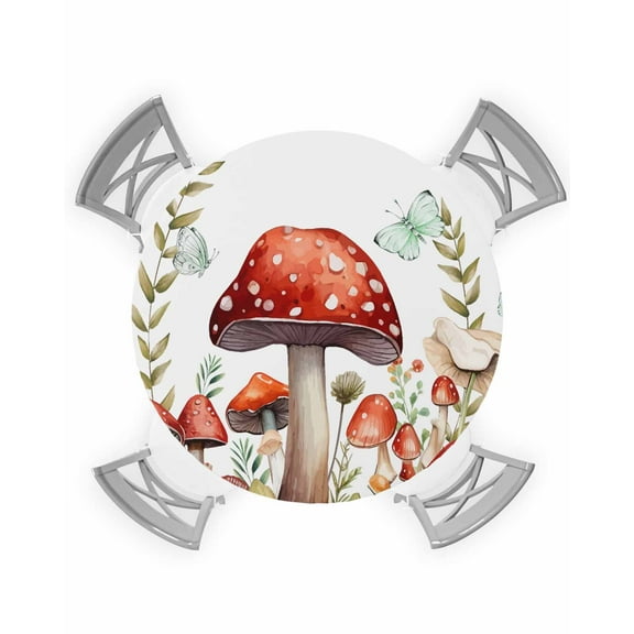 Round Tablecloth with Elastic Summer Red Mushroom Green Butterfly Nature Countryside Watercolor Waterproof Stain-proof Table Cover Wipeable Fitted Table Cloths for 36"-44" Round Tables Dining Kitchen