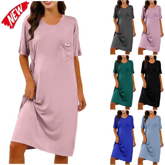 Taqqpue Cotton Nightgown for Women Solid Color Long Sleepshirts Short Sleeve Full Length Nightshirt Casual Loungewear for Women