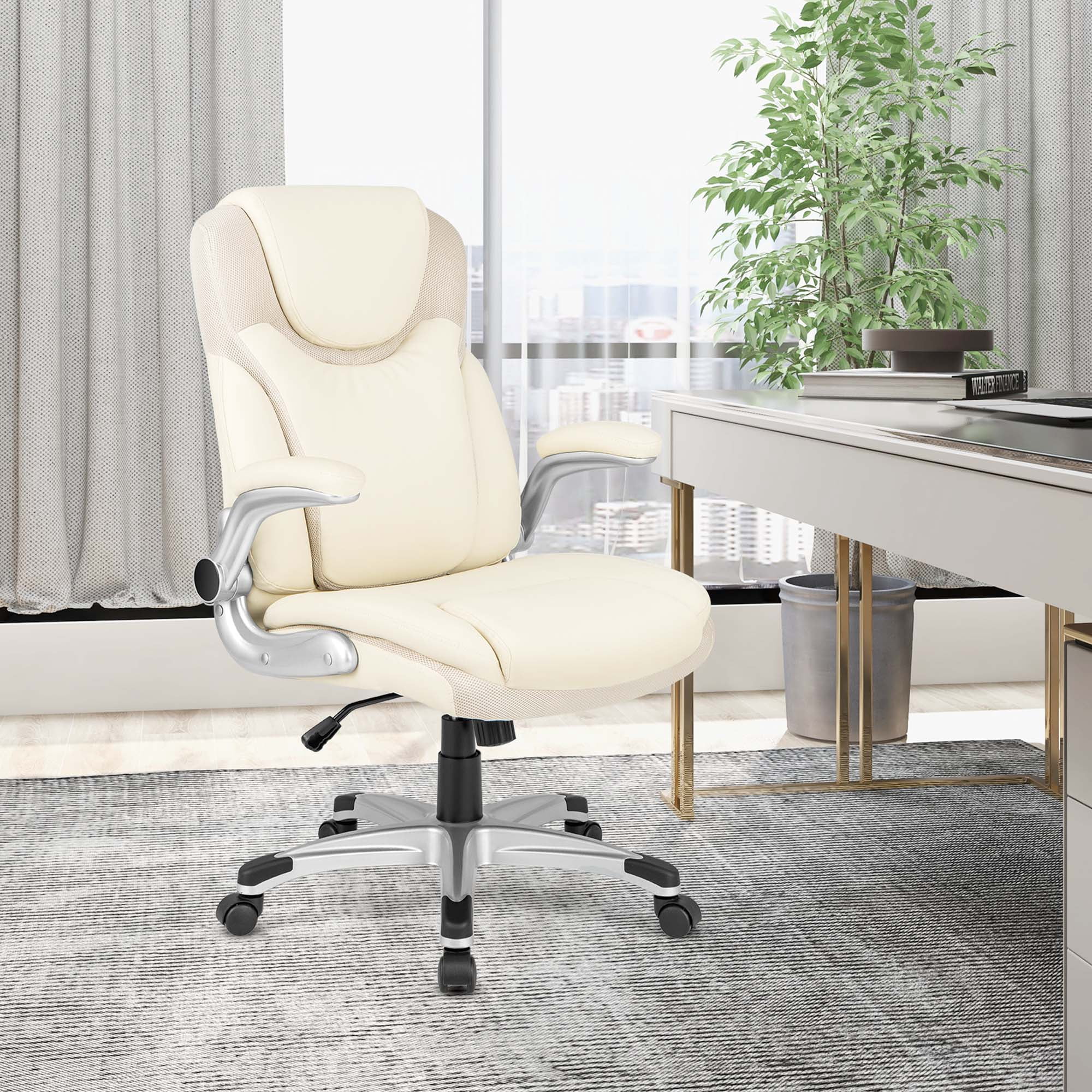 Costway PU Leather Swivel Office Desk Chair with Flip Up Armrest, Beige