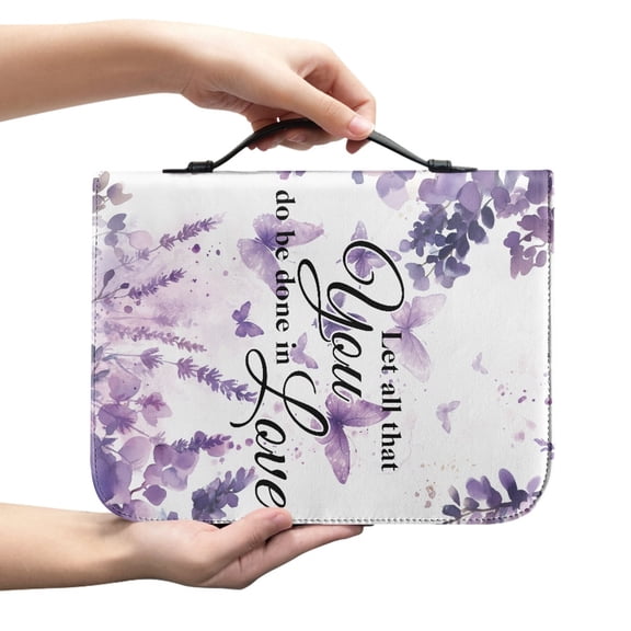 chaqlin Purple Floral Scripture Leather Bible Bag for Women Large Book Carrying Case for Women Waterproof Bible Cover Cases Book Protector with Handle Pocket